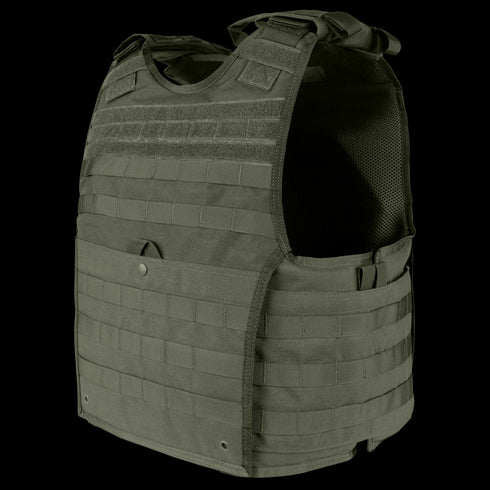 The Condor EXO Plate Carrier Gen II in olive green features multiple rows of MOLLE webbing, making it ideal for military use or as essential EDC gear at the range—designed to enhance your personal protection.